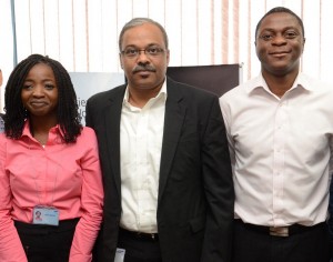 Consumer Electronics Brand Shops Manager, Mrs. Oluwaremilekun Ogunsan; Director of Consumer Electronics, Mr. Sunil Kumar and Head, Corporate and Consumer Electronics Marketing, Mr. Koye Sowemimo, all of Samsung Electronics West Africa at a press briefing on Samsung’s Blue Map Retail Expansion Campaign in Lagos. 