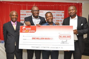 L-R, Head, Surveillance & Enforcement Dept., Consumer Protection Council (CPC), Mr. Anyanwu Camillus; Vice President, Brand & Marketing Communication, Airtel, Obinna Aniche; Airtel customer and winner of One Million Naira in Red Hot promo, Mr. Tijani Wasiu with Head, High Value Segment, Airtel, Mr. Kenechukwu Okonkwo during the Airtel Red Hot promo press conference/prize presentation to winners, held in GRA, Ikeja, Lagos on Wednesday.