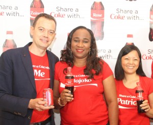(L-R): National Commercial Director, Nigerian Bottling Company Limited, Matthieu Seguin; Marketing Manager, Colas, Coca-Cola Nigeria Limited, Bolajoko Bayo-Ajayi and Marketing Director, Coca-Cola Nigeria Limited, Patricia Jemibewon, at the media launch of the Share a Coke campaign of Coca-Cola, held at Protea hotel, GRA Ikeja on Wednesday, January 7th.