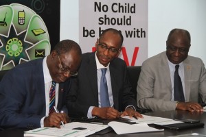 L-R: Director General, National AIDS Control Agency (NACA), Prof. John Idoko; Vice President, Regulatory and Corporate Affairs, Etisalat Nigeria, Mr. Ibrahim Dikko; and Country Director, The Joint United Nations Programme on HIV and AIDS (UNAIDS), Dr. Bilali Camara at the signing ceremony of a Memorandum Of Understanding between Etisalat and UNAIDS to eliminate Mother-to-Child transmission of HIV in Nigeria, held at Etisalat Nigeria Corporate Office, Victoria Island on Wednesday, February 4th 